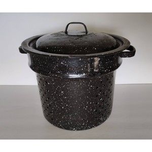 Vintage Black Speckled Enamel Graniteware Stock Pot Insert Colander Steamer Lid